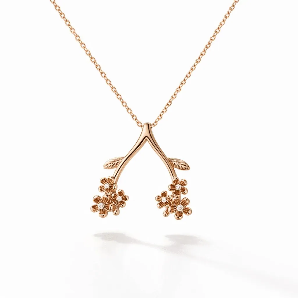 gold flower pendant necklace gold vermeil modern wishbone pendant with leaf detail and sparkling floral centers