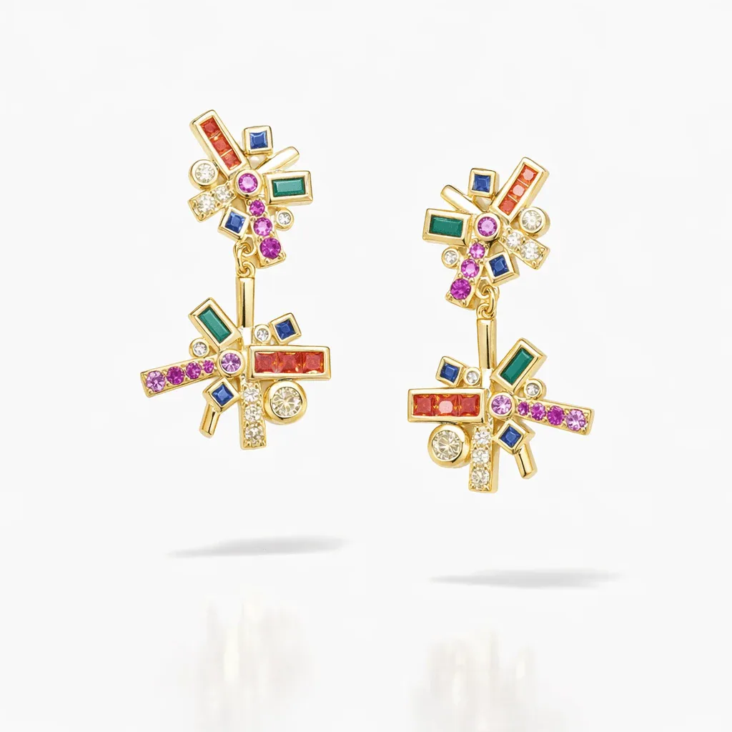 gold drop earrings with gems in gold vermeil, modern geometric mosaic with multicolor stones and crystal accents