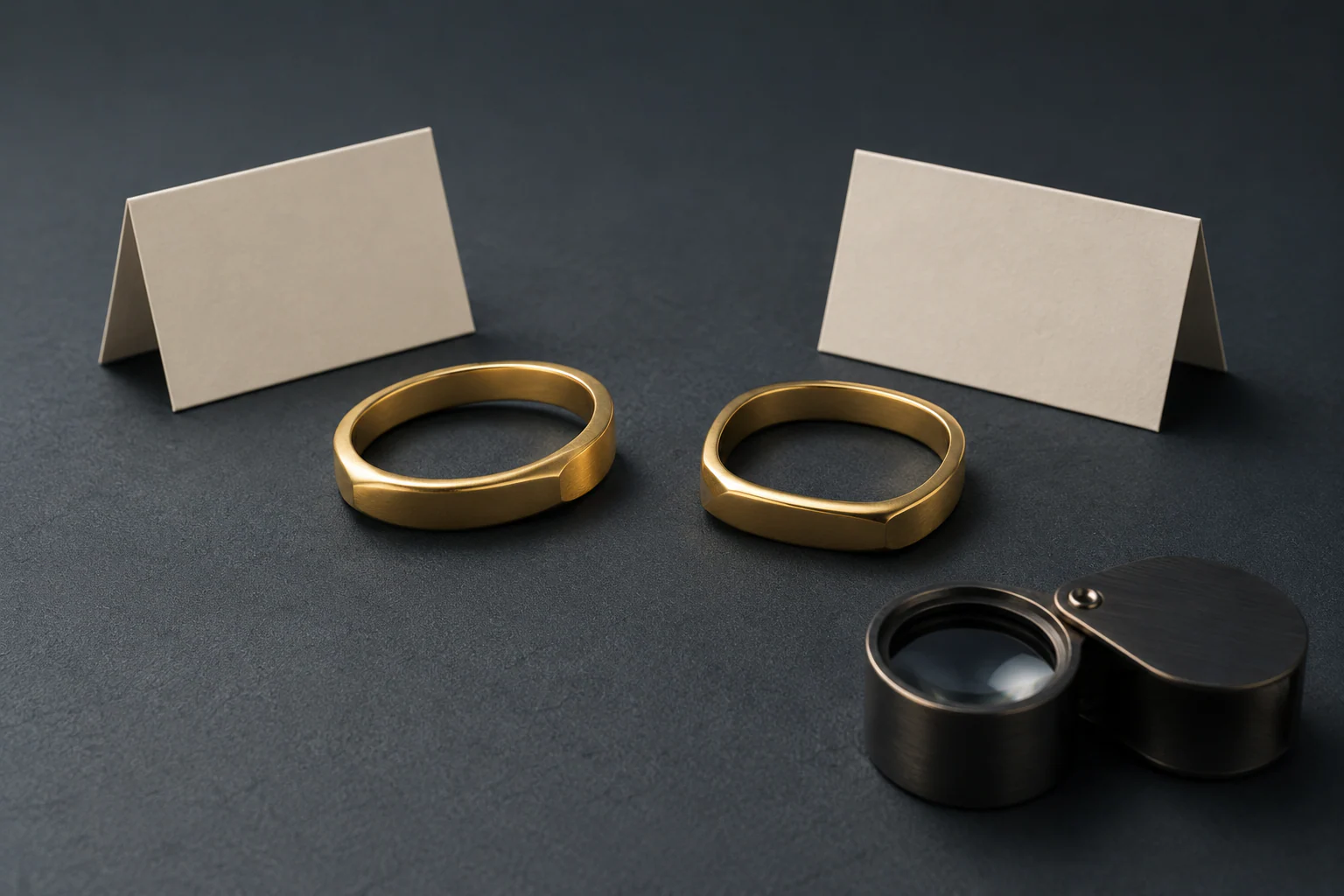 Two warm-gold rings beside blank folded cards and a jeweler’s loupe on a dark inspection surface.
