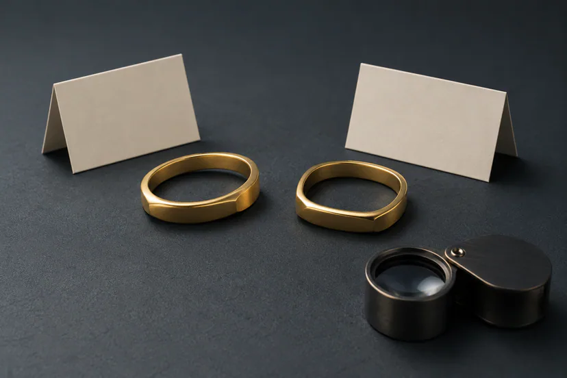 Two warm-gold rings beside blank folded cards and a jeweler’s loupe on a dark inspection surface.