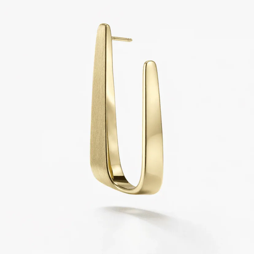 Gold hoop earrings in 18k gold vermeil, modern sculptural U-curve with brushed satin face and polished edge