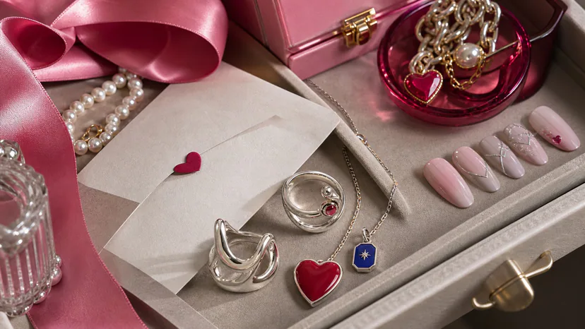 Valentine’s Day nails styled with soft silver rings and an unsent letter on warm gray paper