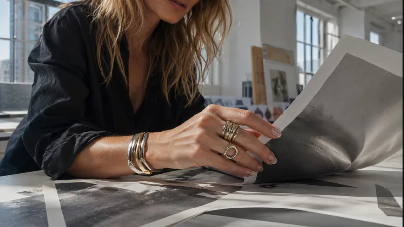 Work-appropriate press-on nails with soft silver line and sculptural ring