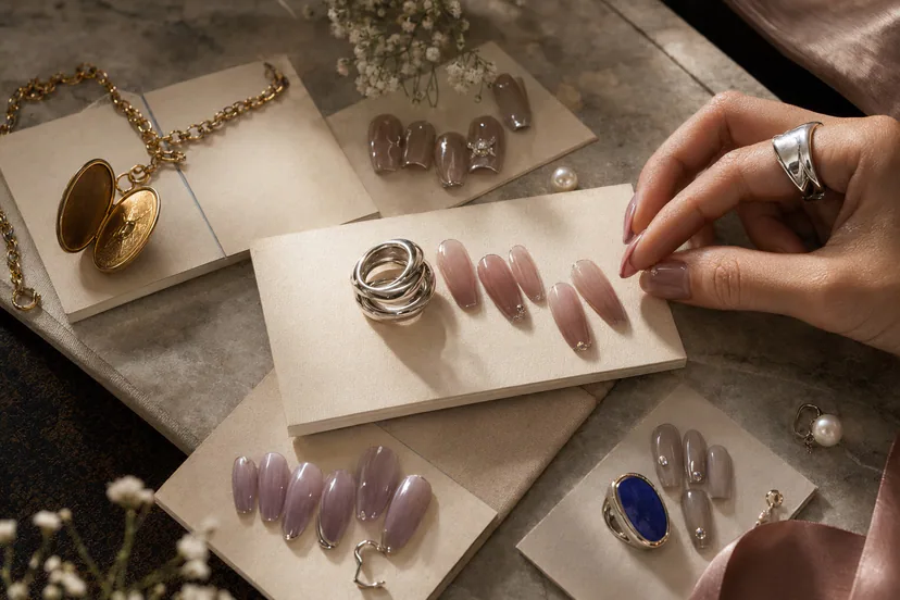 Meaningful jewelry paired with press-on nails as temporary emotional surfaces in an reference-led color and material direction setting