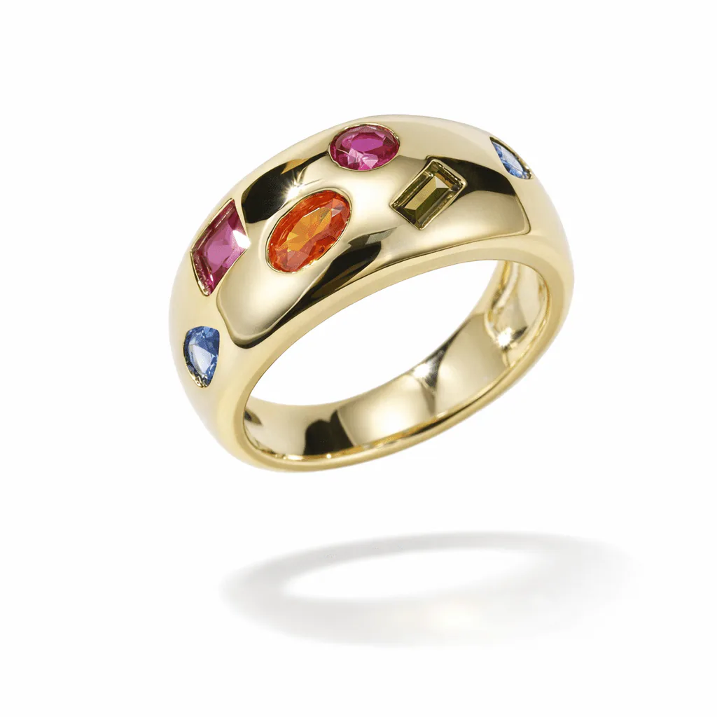 gold dome ring gold vermeil modern dome band with multicolor gemstone inlays in mixed cuts