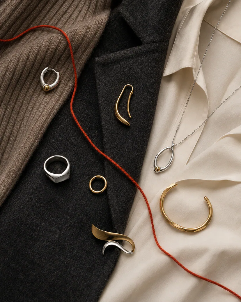 Seven jewelry pieces arranged across three fall styling moods with knit, coat, and open-collar cues.