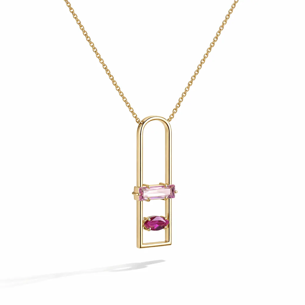 gold pendant necklace gold vermeil geometric open-frame pendant with pink baguette and marquise gemstones
