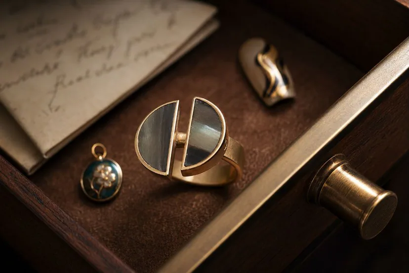 Sculptural gold and pearl jewelry arranged in a protective archival gift box