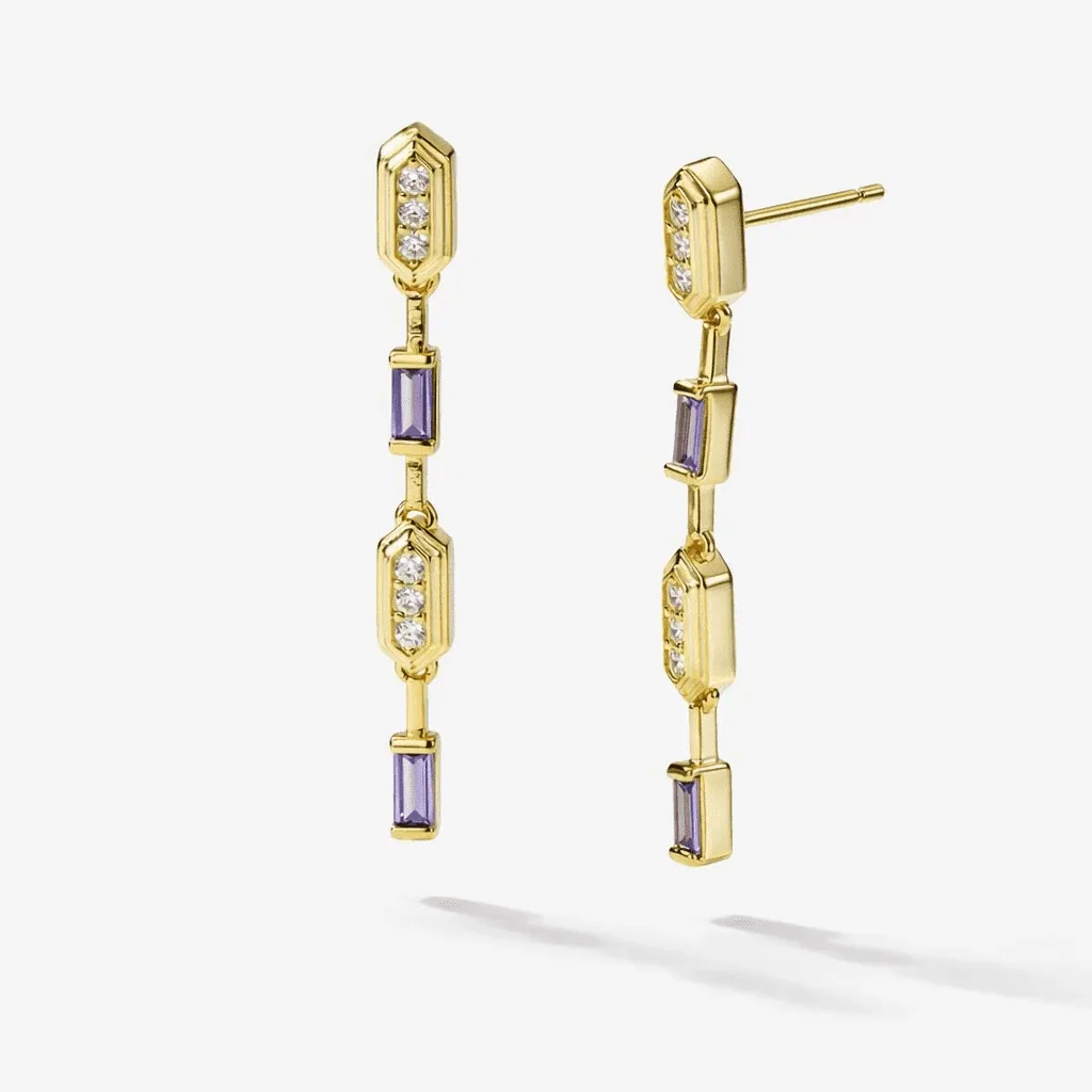 vermeil drop earrings in gold vermeil with violet baguette stones and clear crystal stations, Art Deco links