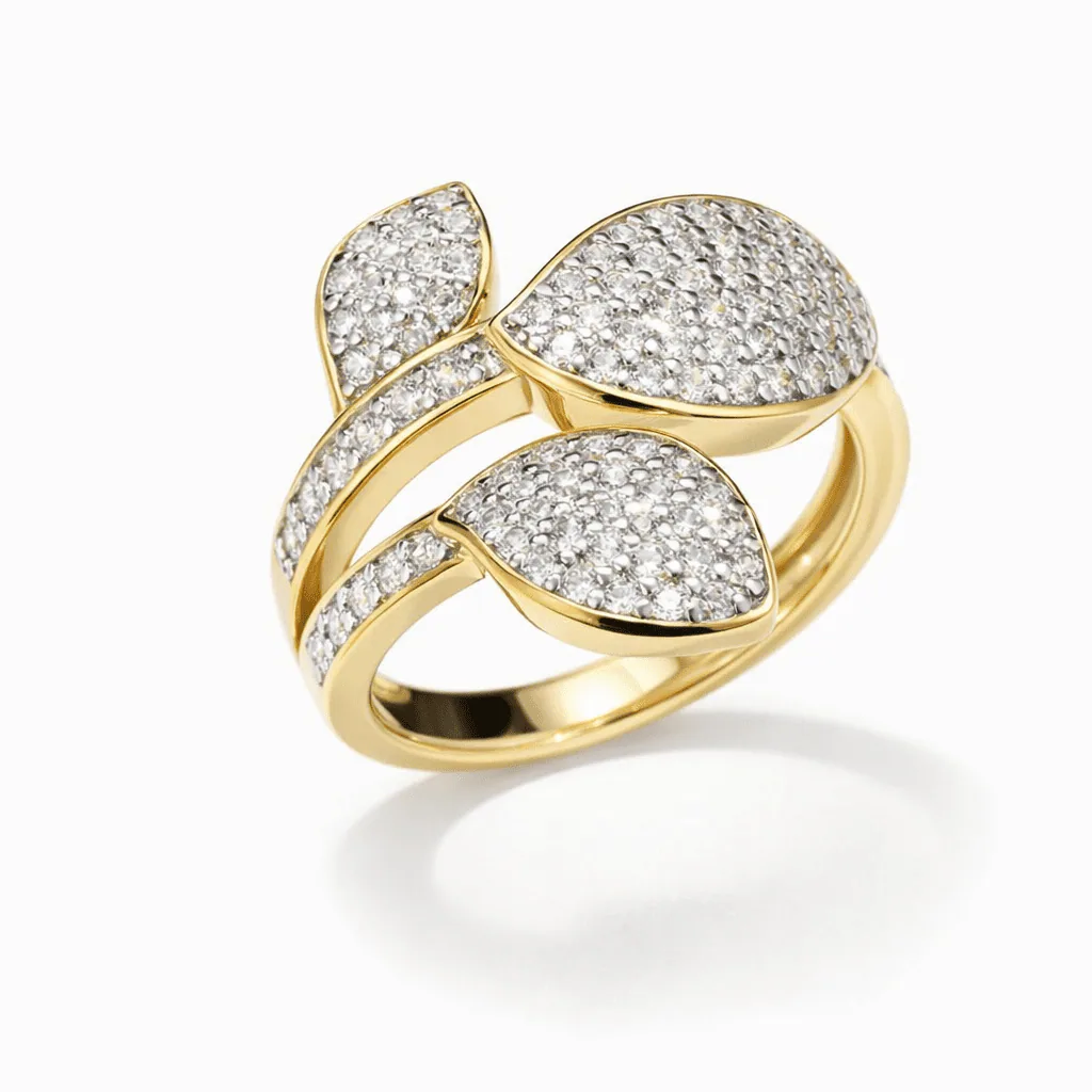 gold vermeil leaf ring with three overlapping leaf-like forms and closely set bright accents