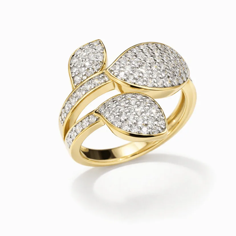 gold leaf ring 18k gold vermeil modern pavé leaf design with triple-leaf silhouette and diamond-like stones
