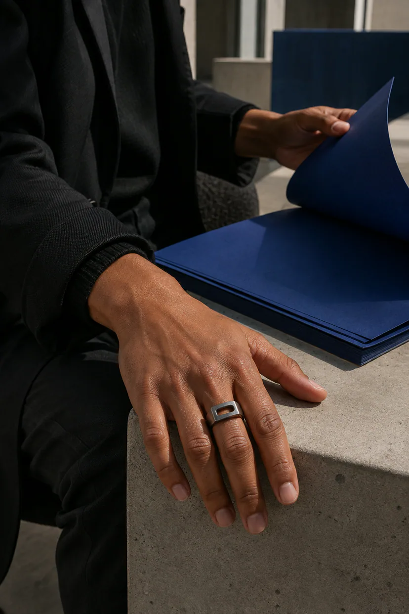 Adult hand wearing one darkened-silver ring with a true rectangular aperture beside a cobalt folio on a concrete table.