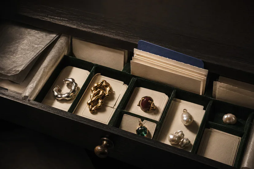 back to school nails and bookish jewelry in a Library Drawer arrangement