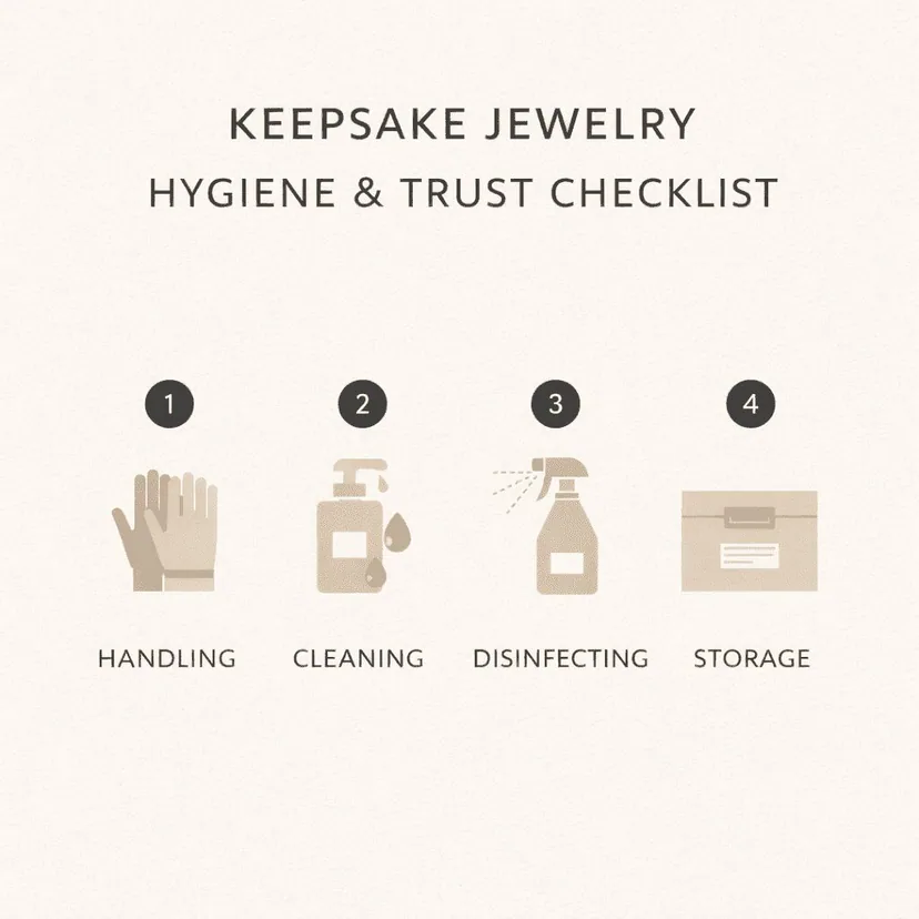 Keepsake jewelry hygiene checklist showing handling, cleaning, disinfecting, and storage