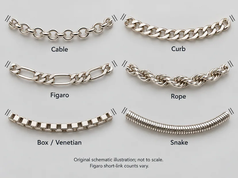 Six labeled chain studies: cable, curb, Figaro, rope, box/Venetian and snake. Figaro repeats one long link with three short links.
