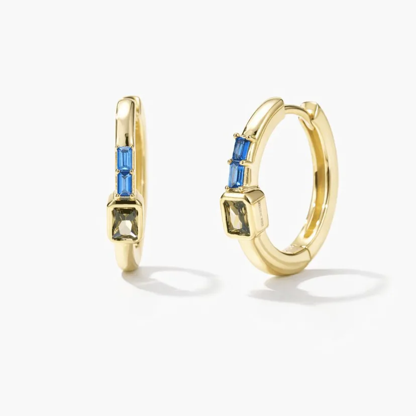 gold hoop earrings in gold vermeil Art Deco hoops with blue baguette stones and smoky square gemstone