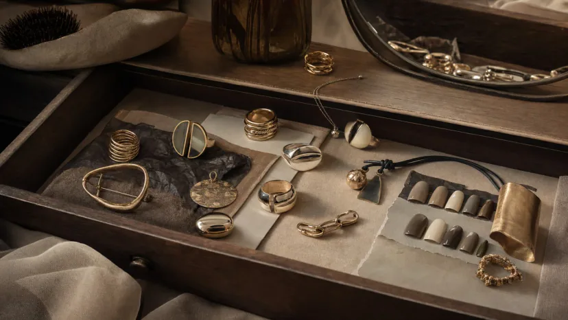 Identity switch accessories arranged in a warm gray drawer as a wearable archive