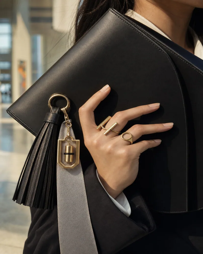graduation nails with a room-key bag charm and lacquer orange accent for school-color styling