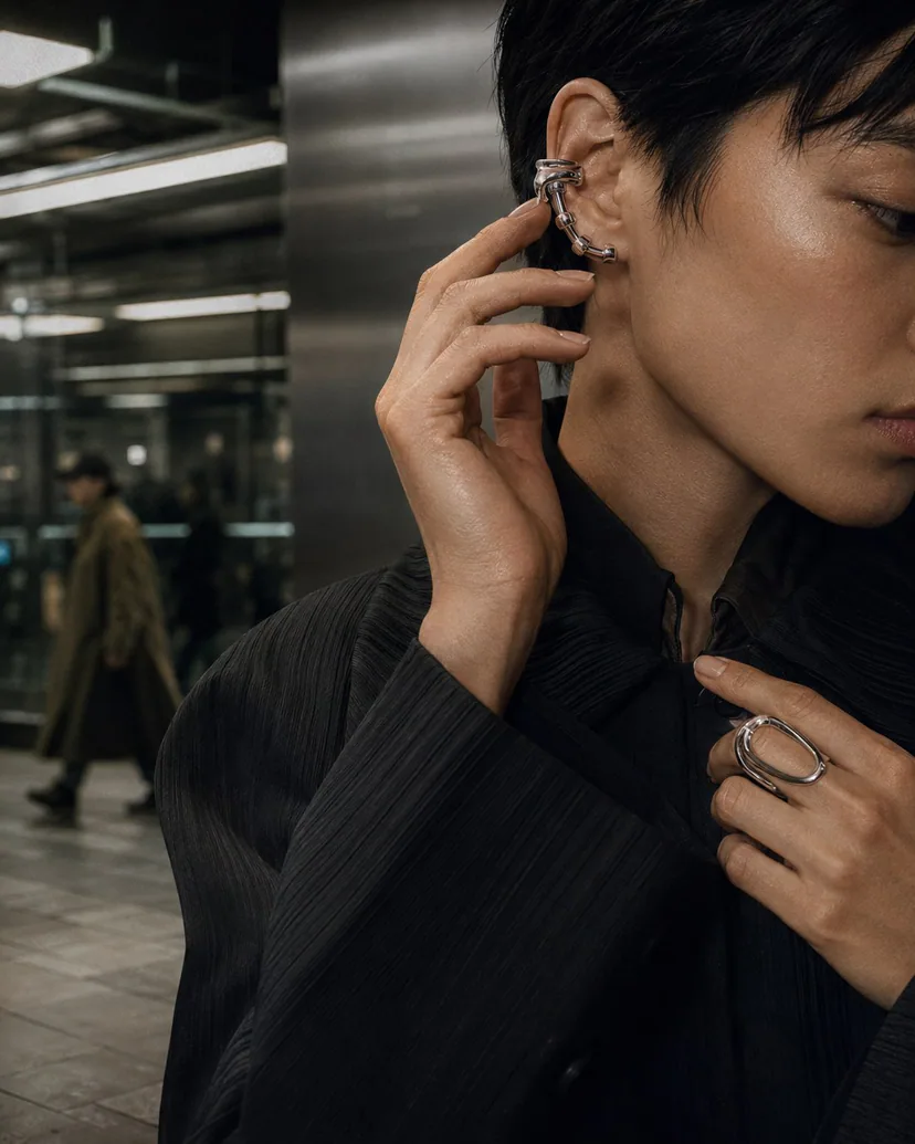 Adult East Asian nonbinary model adjusts an articulated ear piece in a mirrored station passage; short oval and softly squared nails appear naturally beside an open architectural ring.
