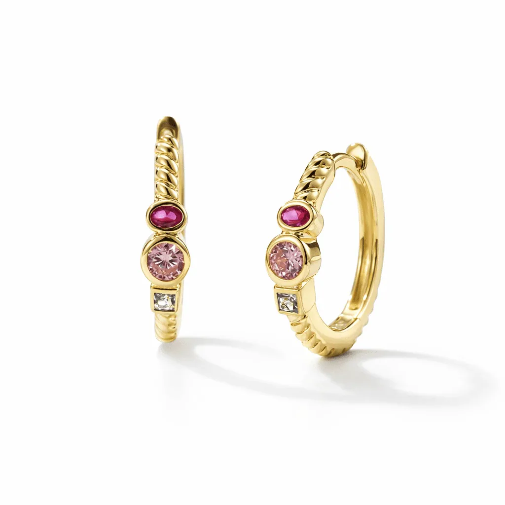 gold vermeil twisted hoop earrings with red, blush and clear bezel-like accents
