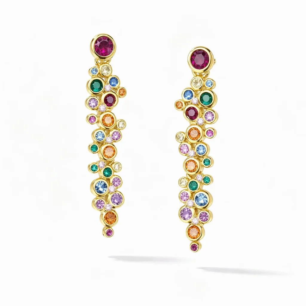 gold vermeil drop earrings gold modern bezel-set cascade with multicolor round stones in graduated cluster