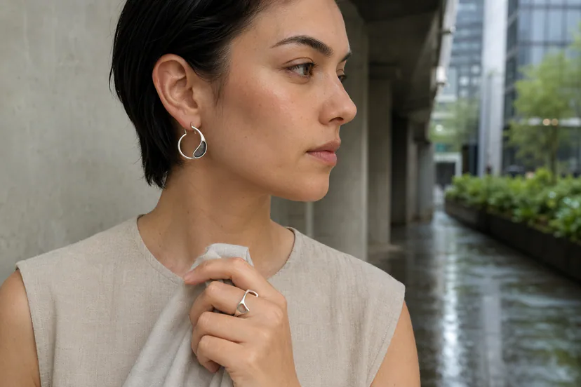 Adult wearer in a humid covered passage wearing one open sculptural earring and one architectural ring, with a folded soft cloth in hand.
