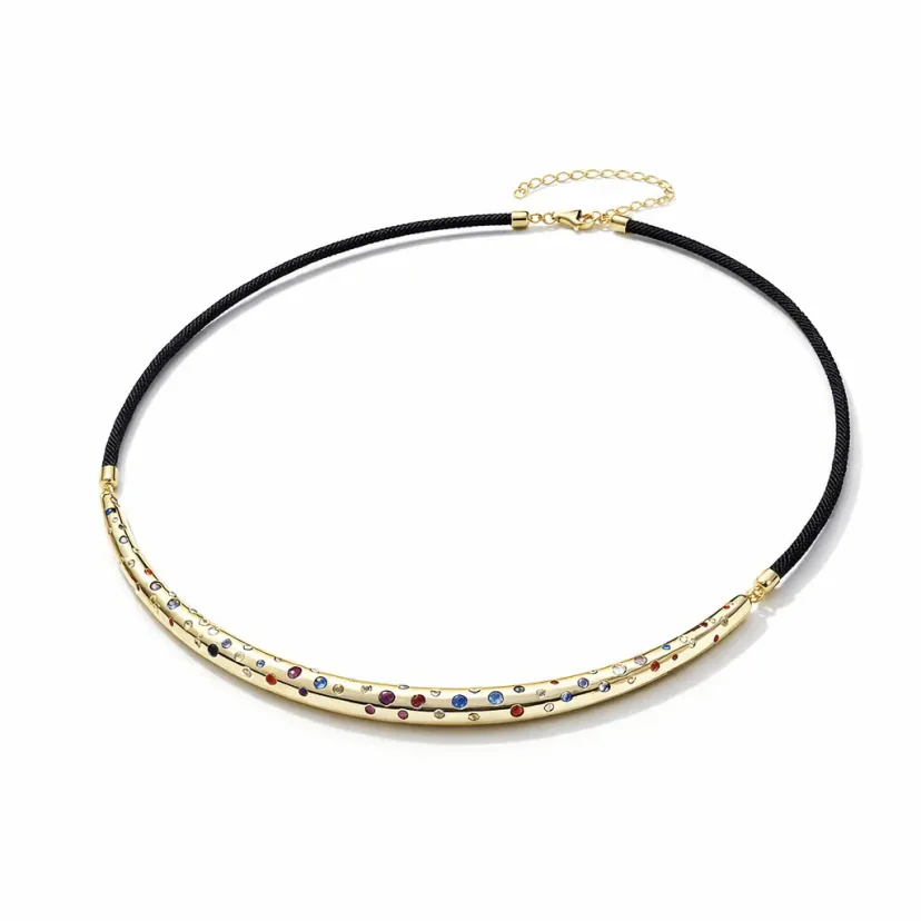 gold necklace with multicolor stones in 18k gold vermeil modern bar design with black cord and extender chain