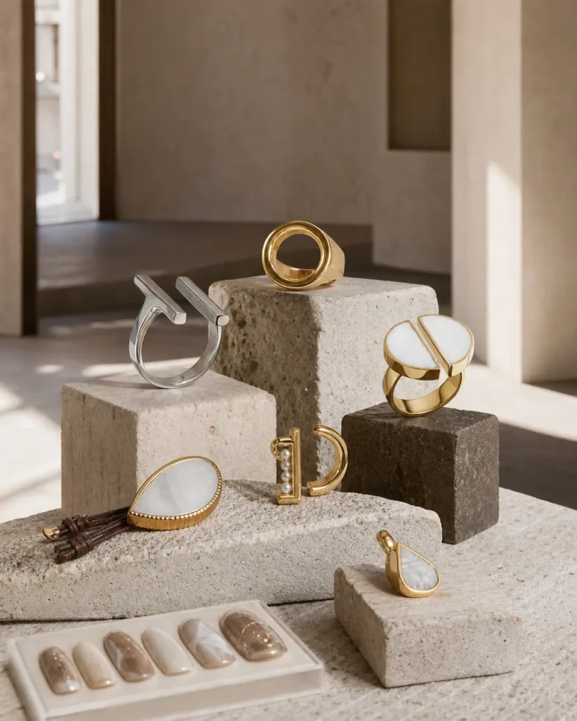 Identity switch accessories styled as portable architecture on gray gallery plinths