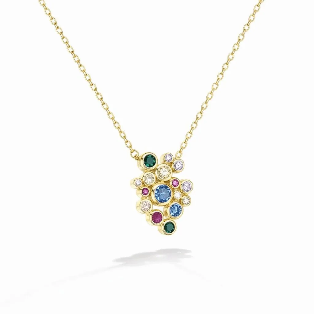 Gold gemstone pendant necklace in gold vermeil with multicolor bezel-set cluster stones on fine chain