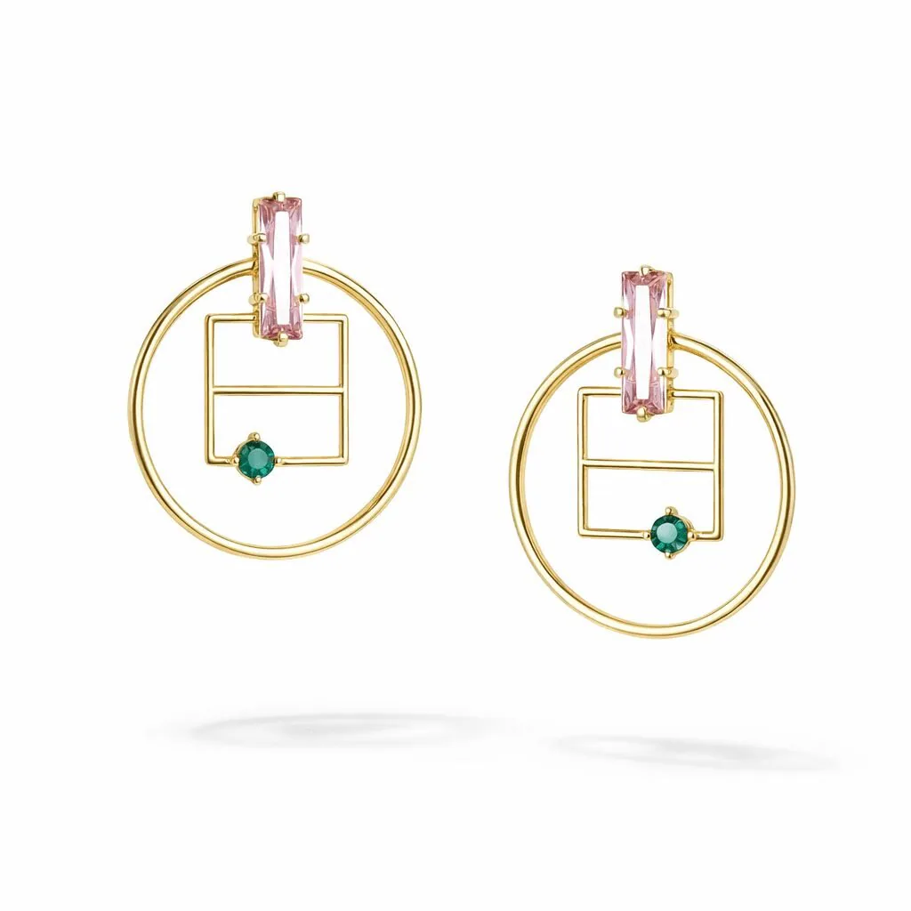 geometric earrings gold vermeil geometric circles with pink baguette stone and green round gem accents