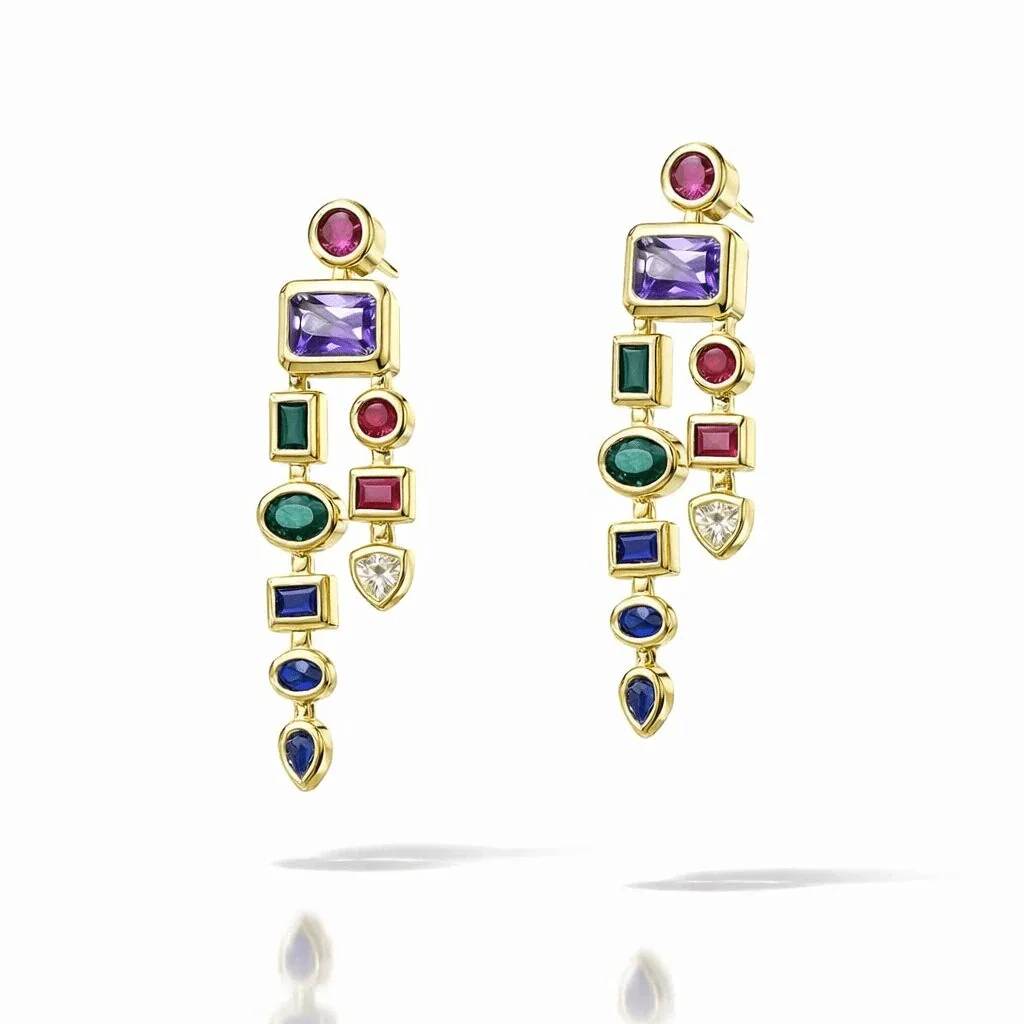 vermeil drop earrings gold vermeil Art Deco geometric multicolor stones with violet, green, red and sapphire tones