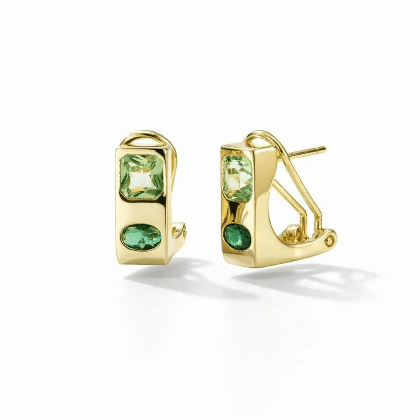Gold stud earrings with green gemstones in 18k gold vermeil, modern sculptural rectangle studs with dual green stones