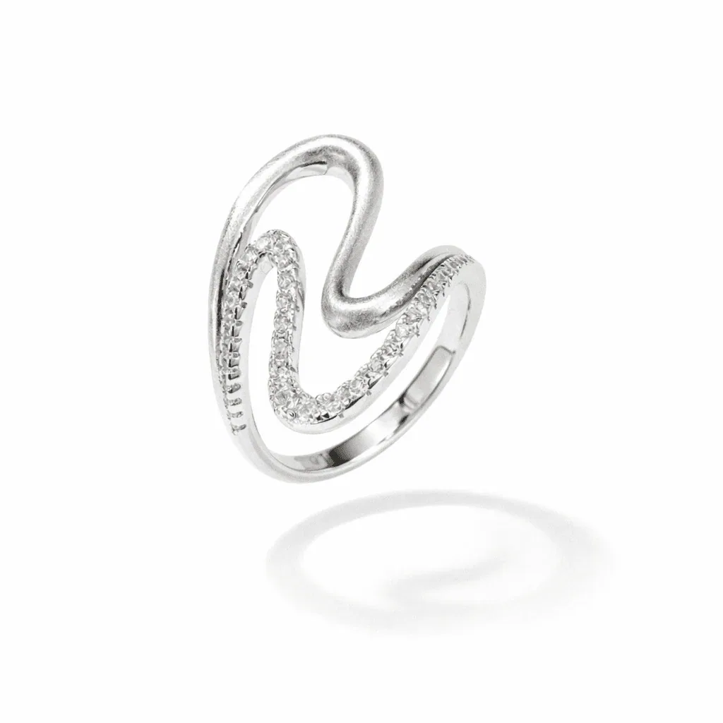 silver wave ring silver modern sculptural open curve design with pavé clear stones and high-polish finish