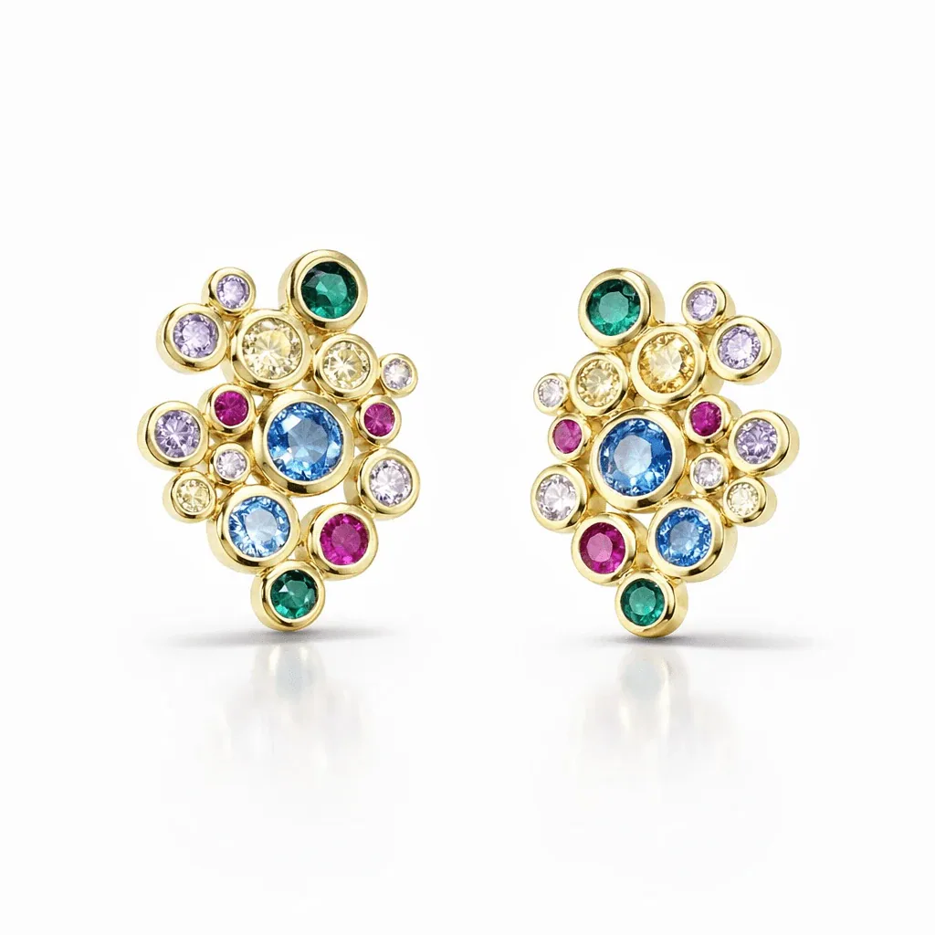gold vermeil stud earrings with a close-set cluster of round multicolor accents