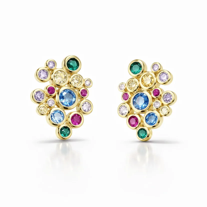 18k gold vermeil stud earrings with multicolor gemstone cluster, bezel-set rounds in modern floral layout