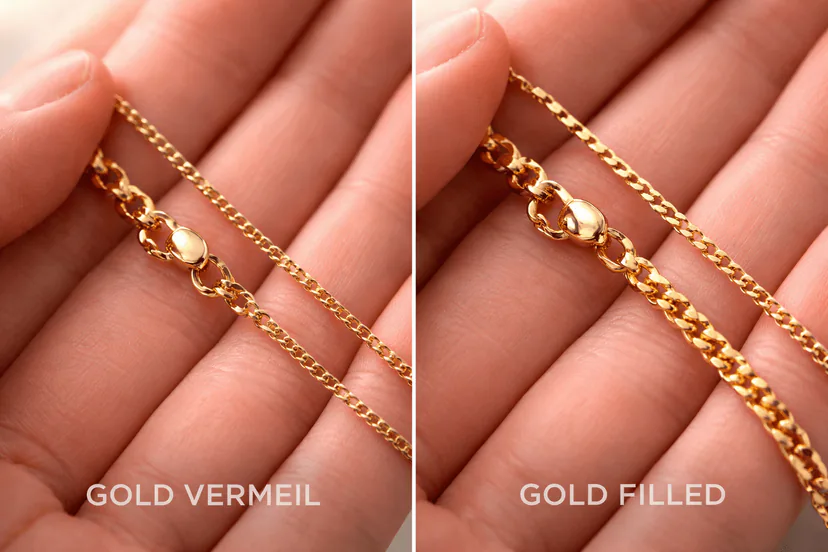 Two gold-tone chain constructions shown side by side; appearance alone does not show their material.