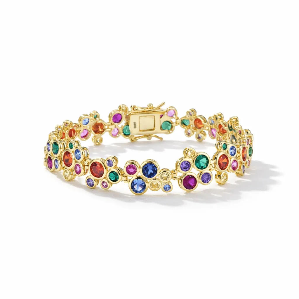 gold vermeil bracelet with multicolor stones in clustered bezel settings, Art Deco style, secure box clasp