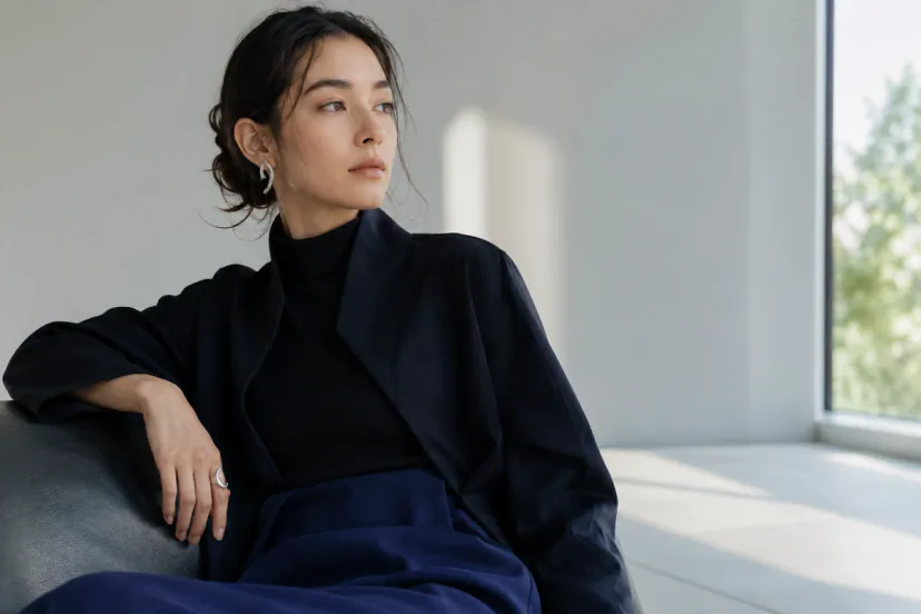 Young adult in black and deep blue wearing one asymmetric silver earring and a small sculptural ring in a bright interior.