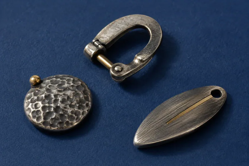 Three fine-scale metal jewelry components on cobalt showing hammered dimples, directional brushing and polished highlights.