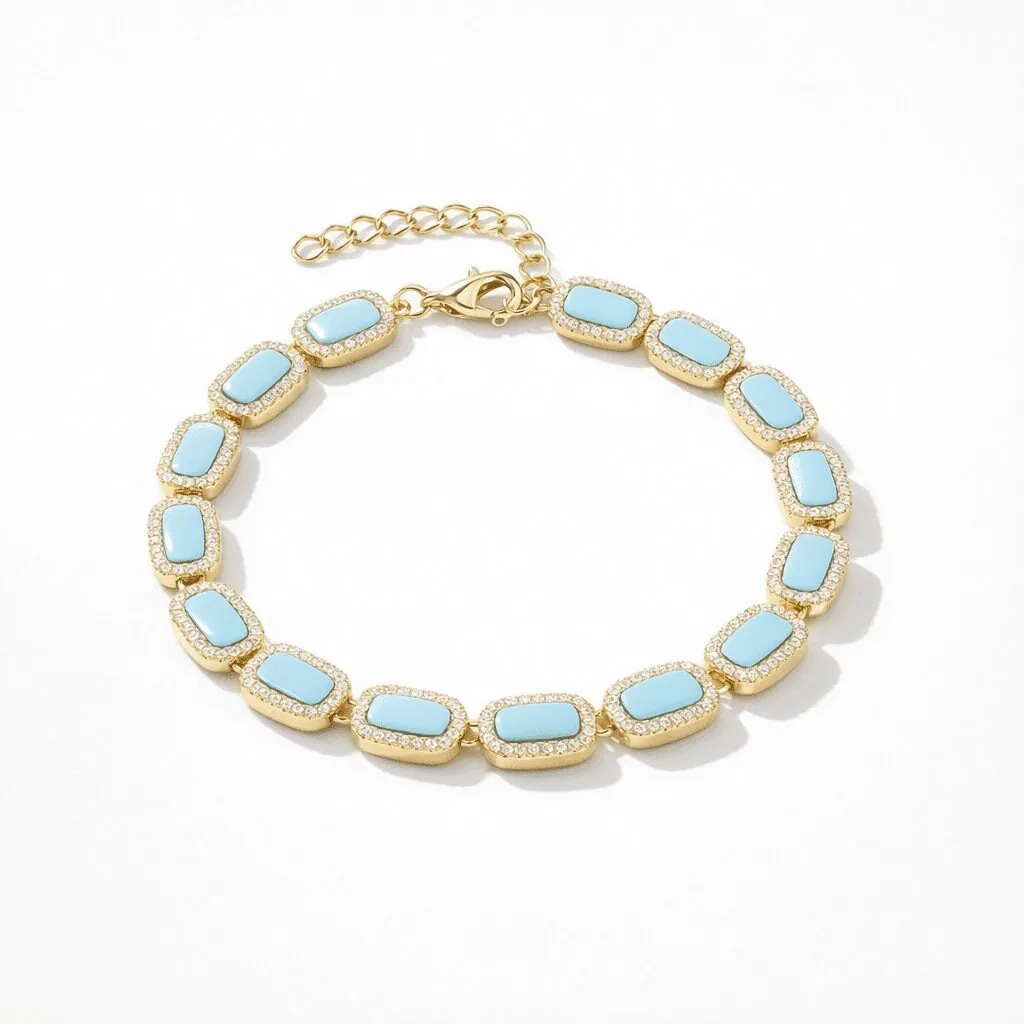 gold tennis bracelet gold vermeil modern station links with sky-blue inlay and pavé crystal halo accents