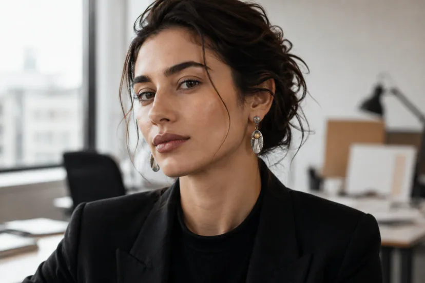 Young adult in a daylight creative office wearing fine-scale oxidized silver and warm gold textured earrings.