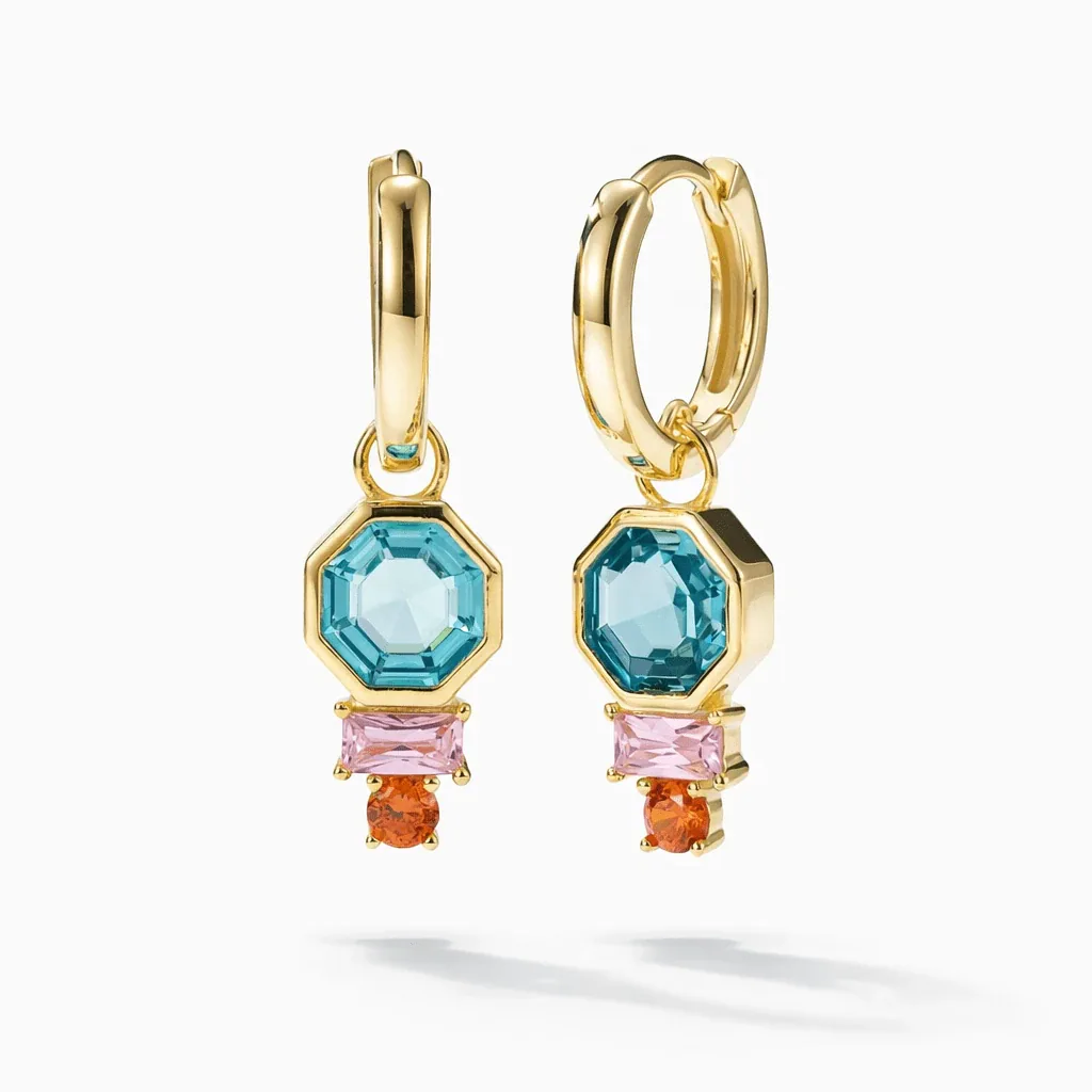 hoop earrings with gemstone drops in gold vermeil, geometric blue octagon stone with pink and orange accents