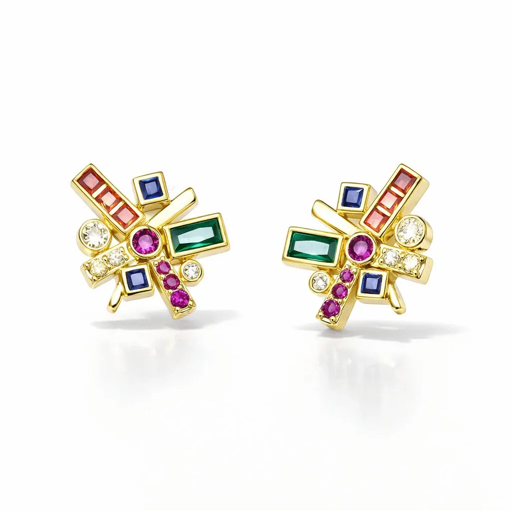 gold stud earrings in gold vermeil geometric starburst with multicolor baguette and square gemstone accents