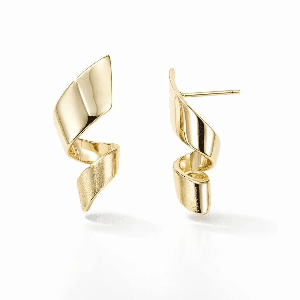 gold vermeil stud earrings with a compact spiral-fold silhouette and mixed polished and textured surfaces