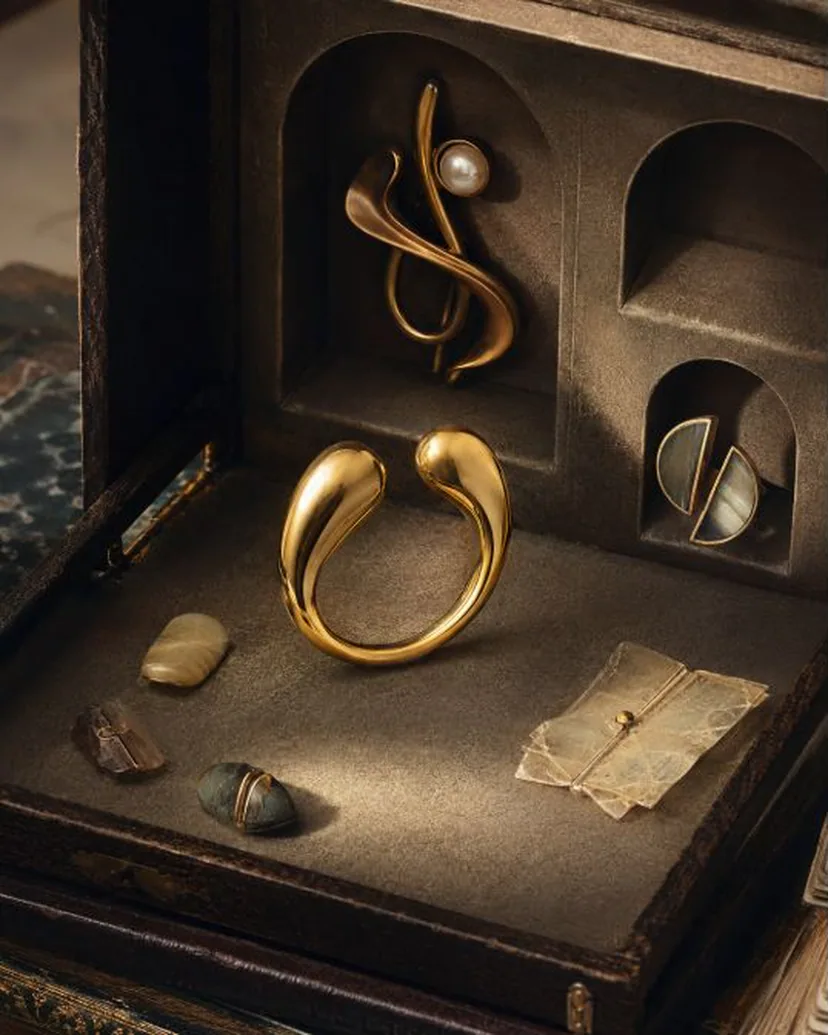 Contemporary sculptural jewelry arranged in separated compartments of a refined gift box