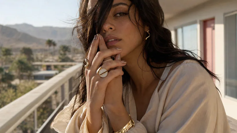 Coachella-inspired nails with chrome desert press-on styling and tiny metal accents