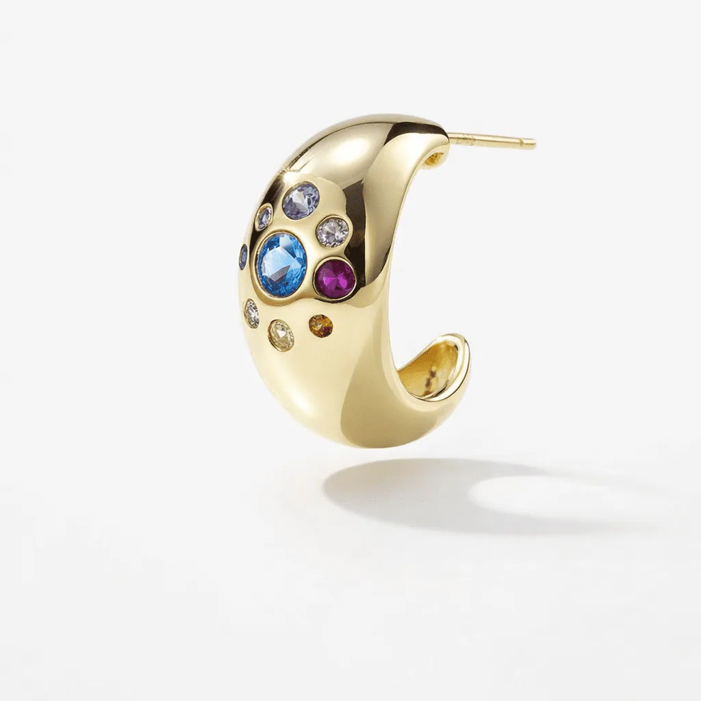 gold hoop earrings gold vermeil modern sculptural crescent hoop with multicolor gemstone cluster and sparkle accents