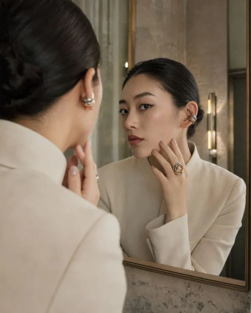 travel style psychology mirror scene with smoky ivory travel nails and turquoise jewelry accent