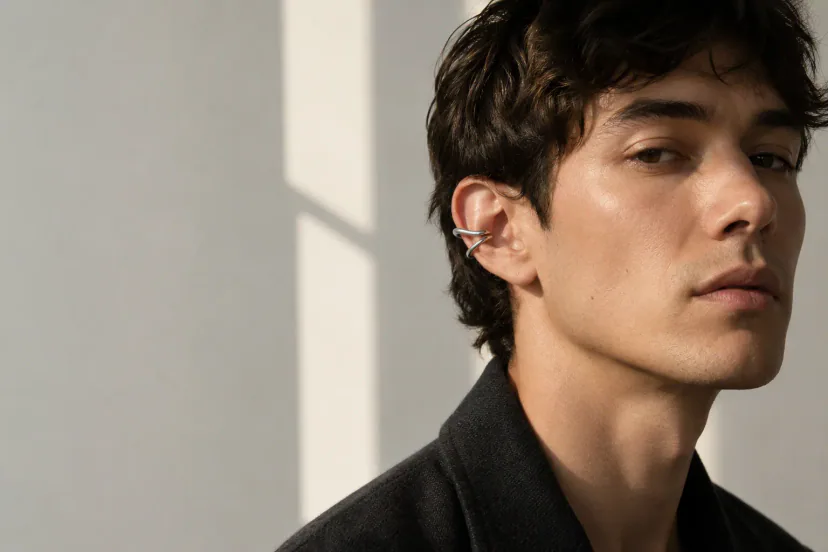 Adult model with short hair and a high black collar wearing one silver-tone cartilage cuff in directional window light.