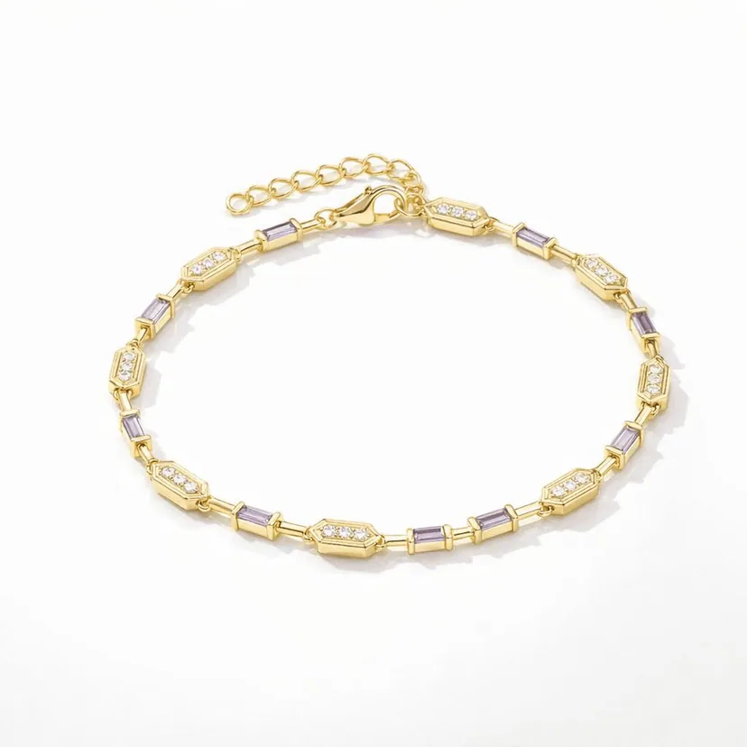 Gold link bracelet with baguette stones in 18k gold vermeil with lilac baguettes and crystal station links